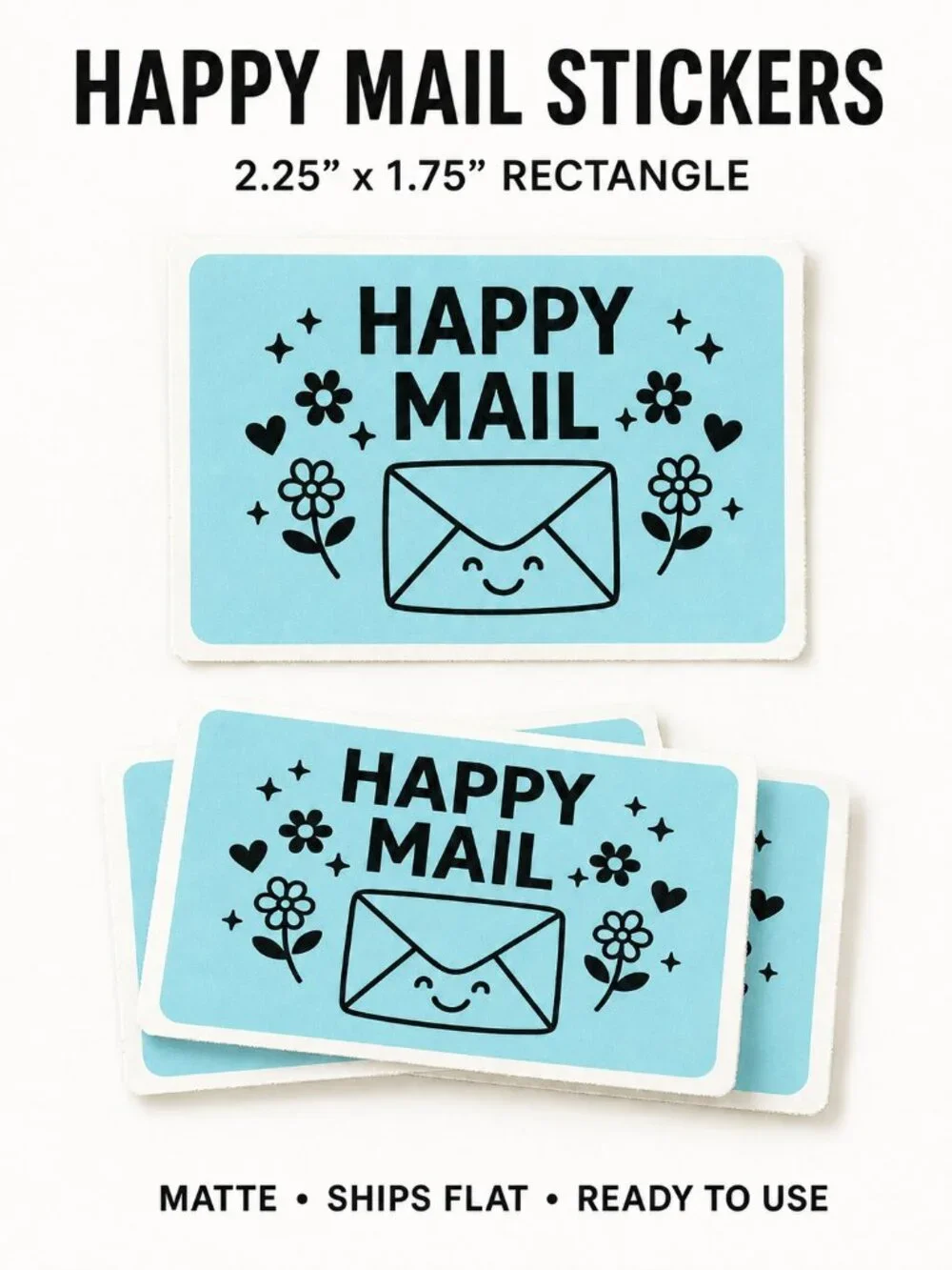 100 Blue Happy Mail Stickers Rectangle Packaging Labels 2.25x1.75